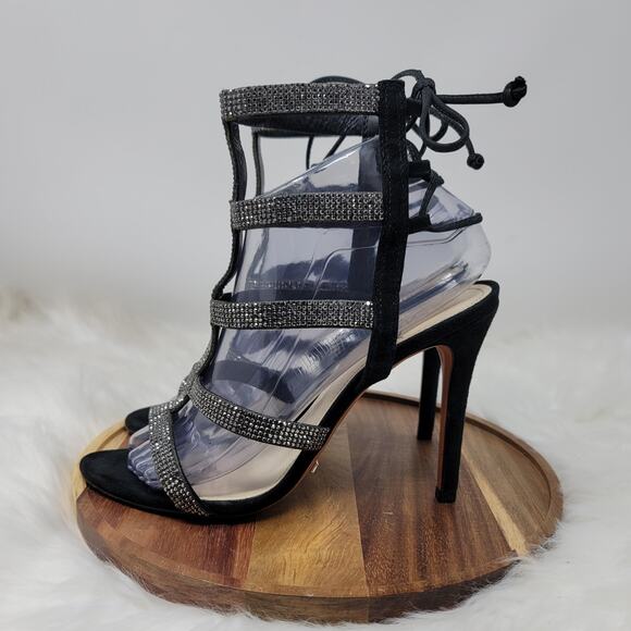Schutz Black Strappy Jeweled Heels 4.5" Women's 8B - Picture 3 of 8